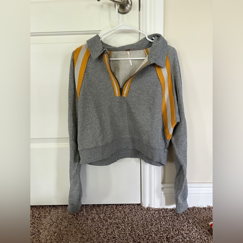 Free People collared quarter zip with yellow and white striped detail size L